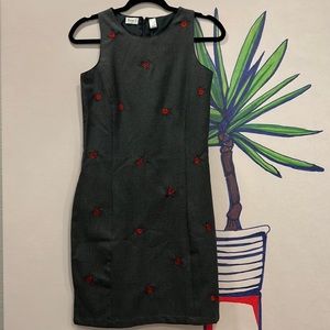 Vintage 100% Wool Gray Sheath w Ladybug Embroidery